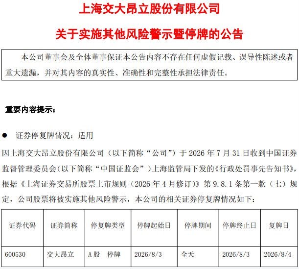 “保健品第一股”交大昂立涉信披违规将被ST，两任董事长嵇霖、嵇敏均被罚
